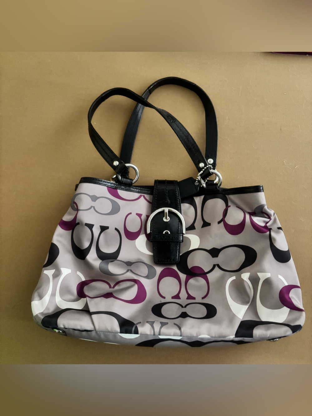 Stylish Purple & Gray Printed Tote Bag with Black Trim